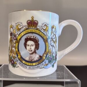 Staffordshire Queen Elizabeth II The Silver Jubilee Commemorative Mug W Gold Rim